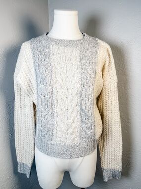 Sleeping on Snow Cable Knit Sweater Cream Gray Elbow Patch Alpaca Blend Size S